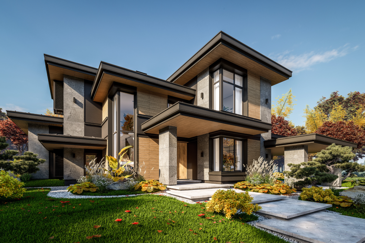 Modern two-story house with landscaped yard.